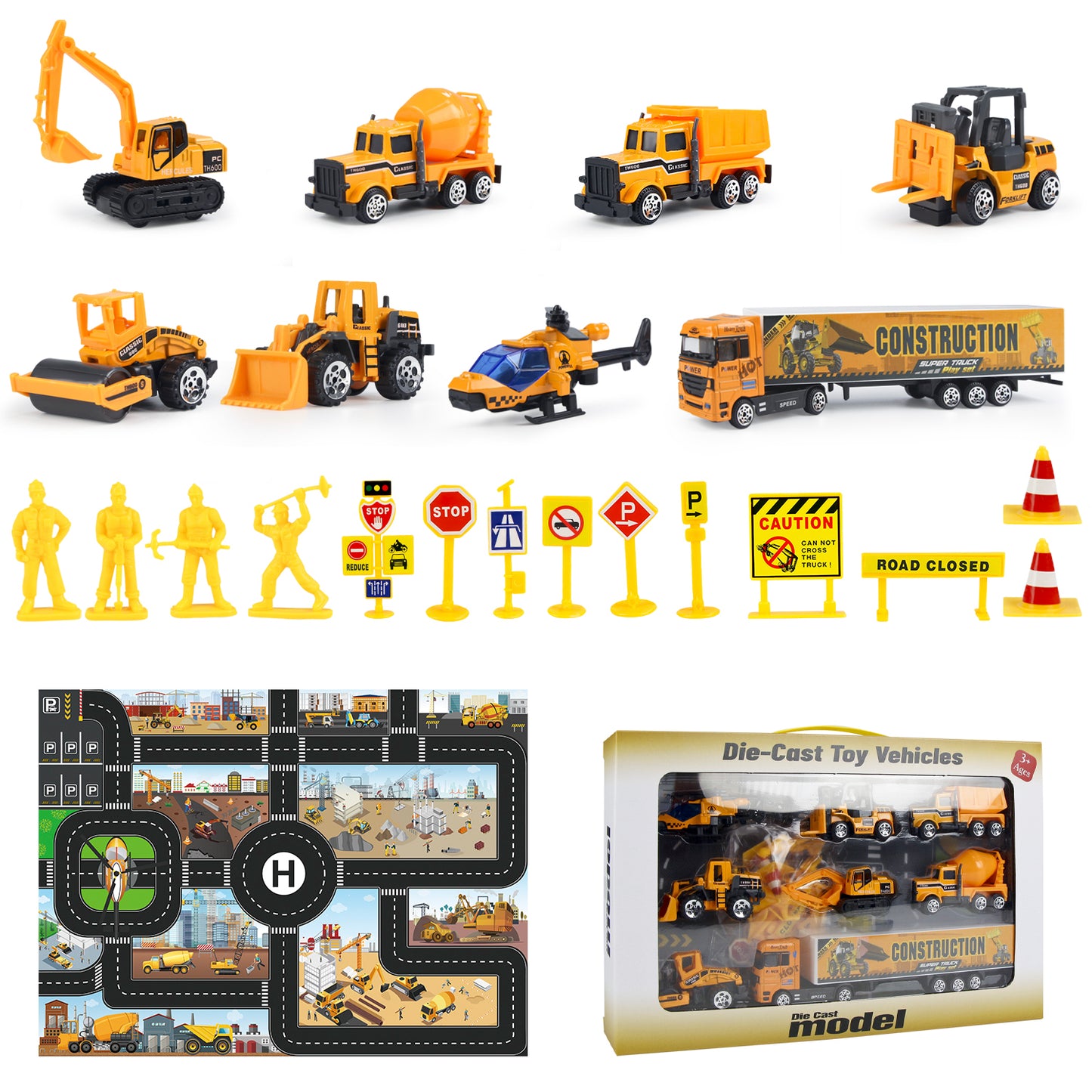 Jenilily Construction Vehicle Toy Car Set & Play Mat, Truck Carrier, Forklift, Bulldozer, Excavator, Mixer, Dump Truck, Alloy Metal Car Toys for 3 4 5 6 Years Old Toddlers Kids Boys