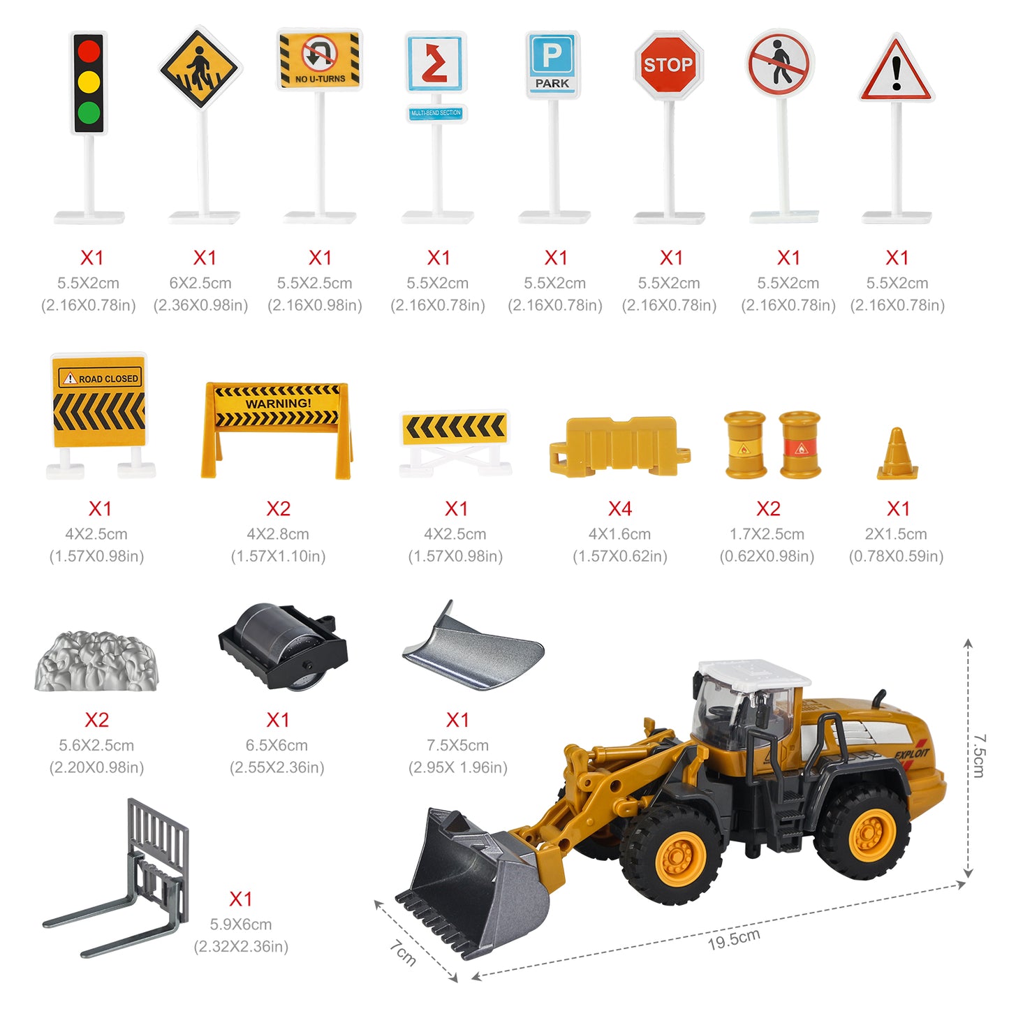 Jenilily 1:55 Scale Model Bulldozer Toy Car for Boys, Construction Vehicle Front Loader Interchangeable Forklift Snow Plow Road Roller Playsets for Kids 3 4 5 6 Years Old