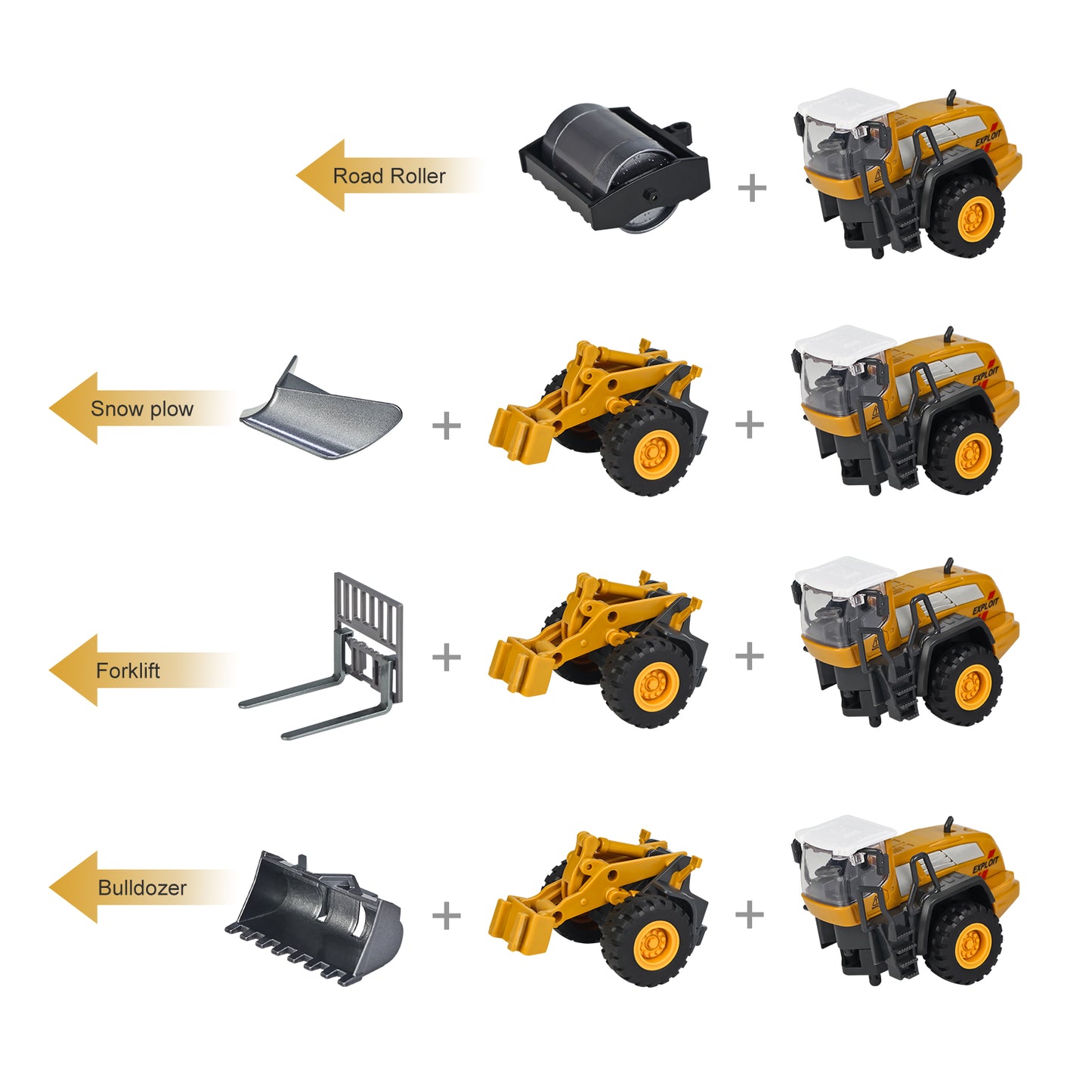 Jenilily 1:55 Scale Model Bulldozer Toy Car for Boys, Construction Vehicle Front Loader Interchangeable Forklift Snow Plow Road Roller Playsets for Kids 3 4 5 6 Years Old