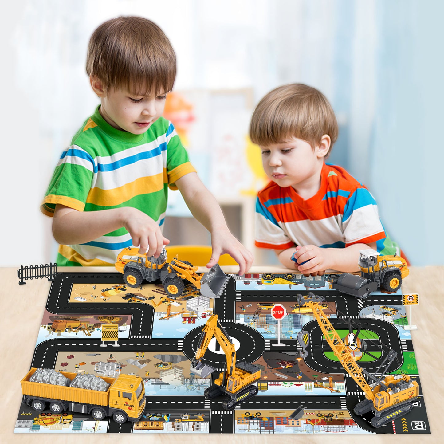 Jenilily Construction Toy Vehicle Set with Play Mat, Engineering Car Crane Excavator Forklift Bulldozer Dump Truck for 3 4 5 6 Years Old Toddlers Kids Boys