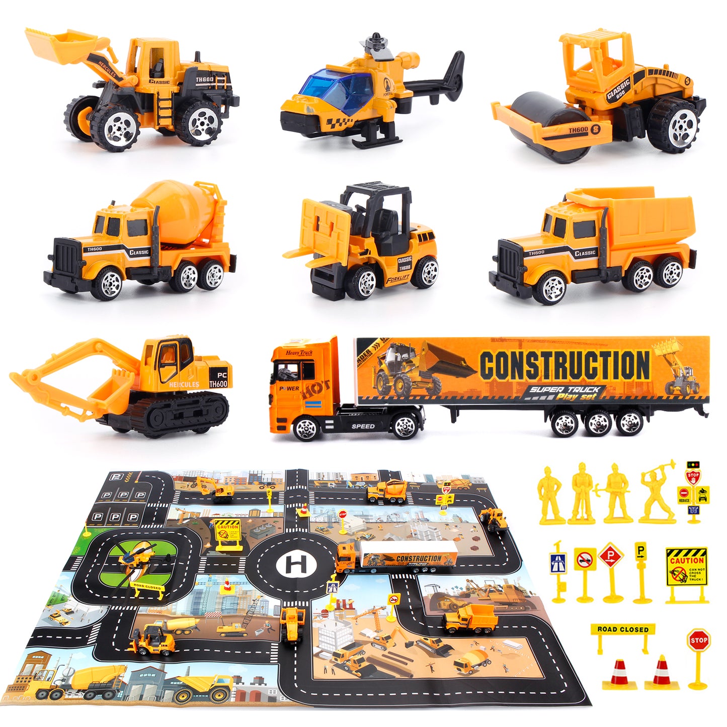 Jenilily Construction Vehicle Toy Car Set & Play Mat, Truck Carrier, Forklift, Bulldozer, Excavator, Mixer, Dump Truck, Alloy Metal Car Toys for 3 4 5 6 Years Old Toddlers Kids Boys