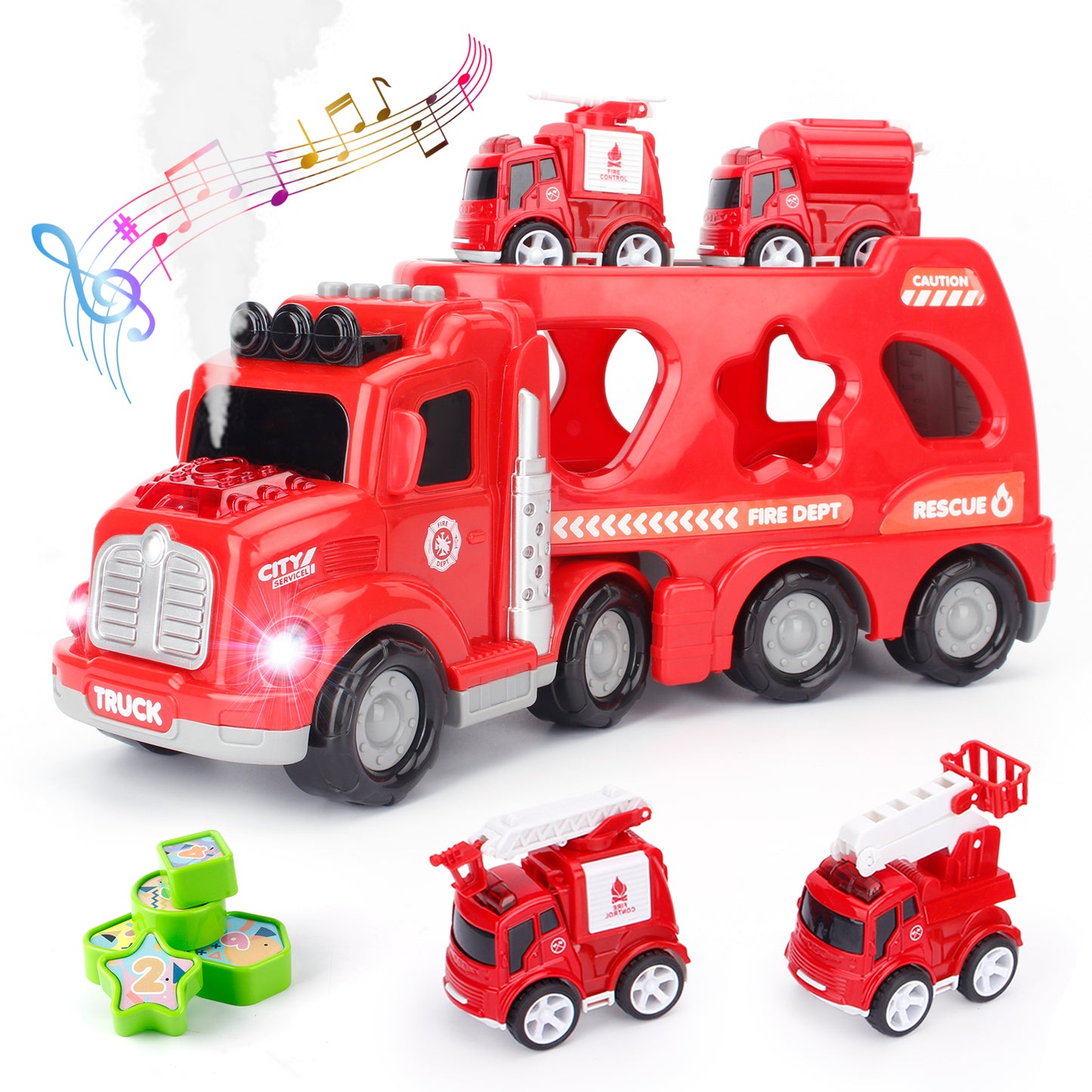 Jenilily Fire Carrier Transport Light and Sound Truck Toddler Vehicles, Mist Spray Shape Sorting Car Toys 3 4 5 6 7 Year Old Boys Kids