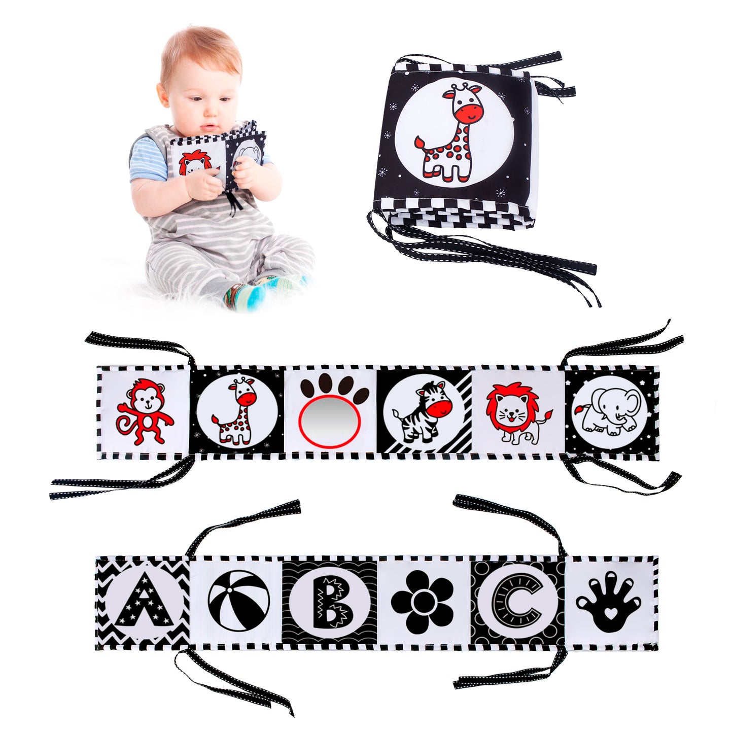 Jenilily Black and White Soft Cloth Book for Baby Infant Mirror Tummy Time Baby High Contrast Book Crib Toys for 0-3-6 Months Boys Girls Newborn
