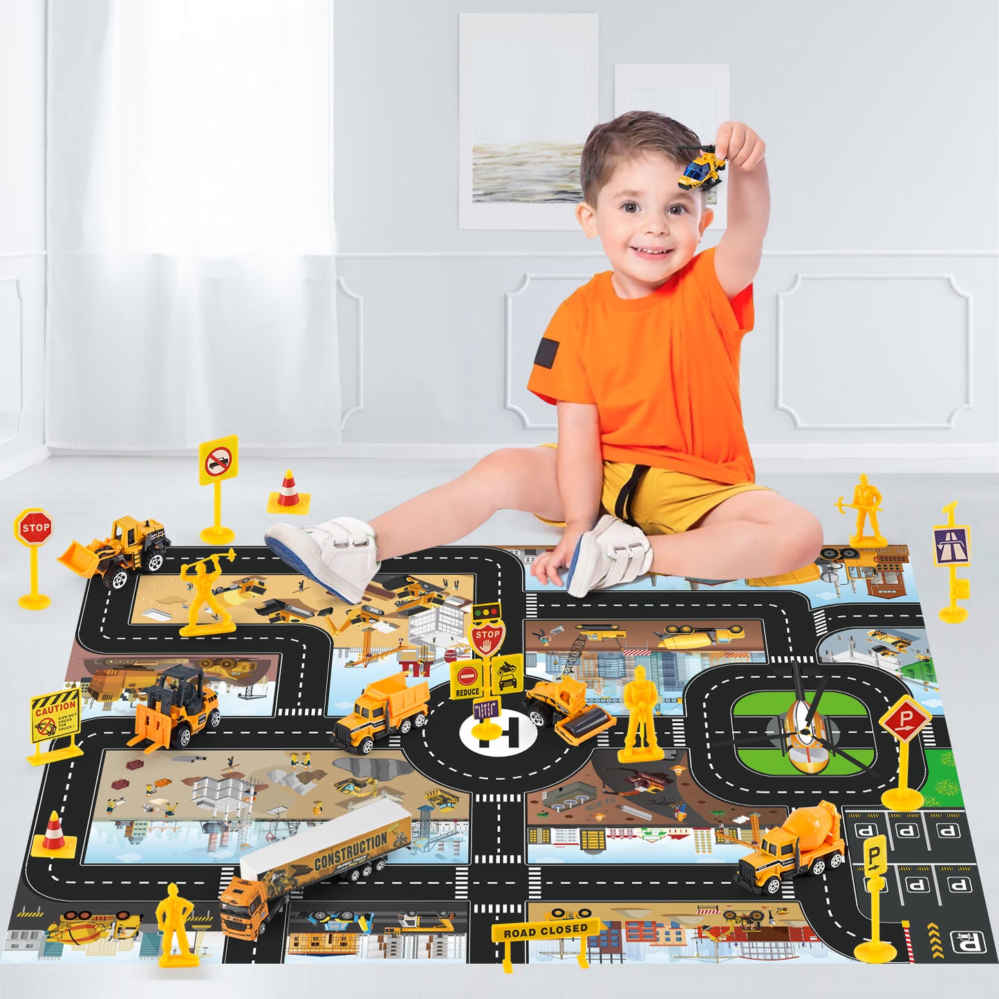 Jenilily Construction Vehicle Toy Car Set & Play Mat, Truck Carrier, Forklift, Bulldozer, Excavator, Mixer, Dump Truck, Alloy Metal Car Toys for 3 4 5 6 Years Old Toddlers Kids Boys