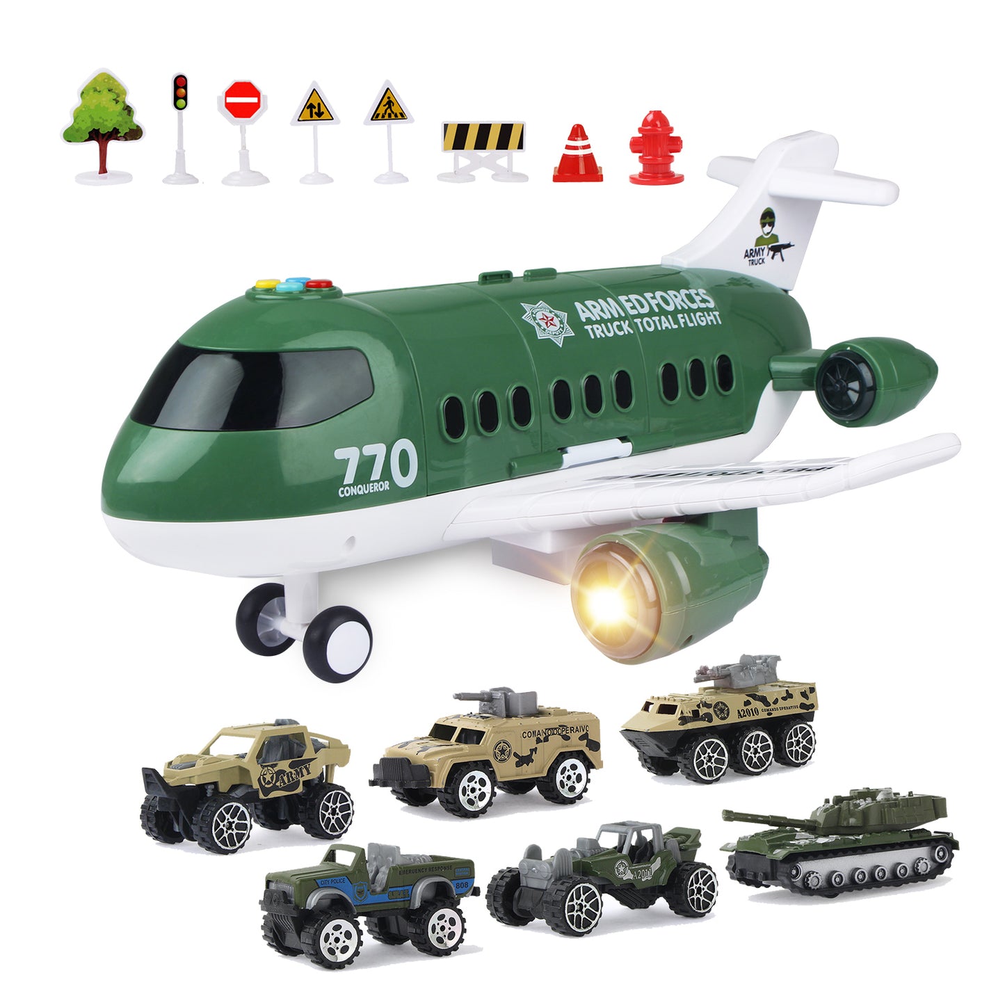 Jenilily Light & Sound Toys Set, Military Cargo Airplane with Mini Cars Truck Set, Vehicles Playset for Kids Boys 3 4 5 Years Old