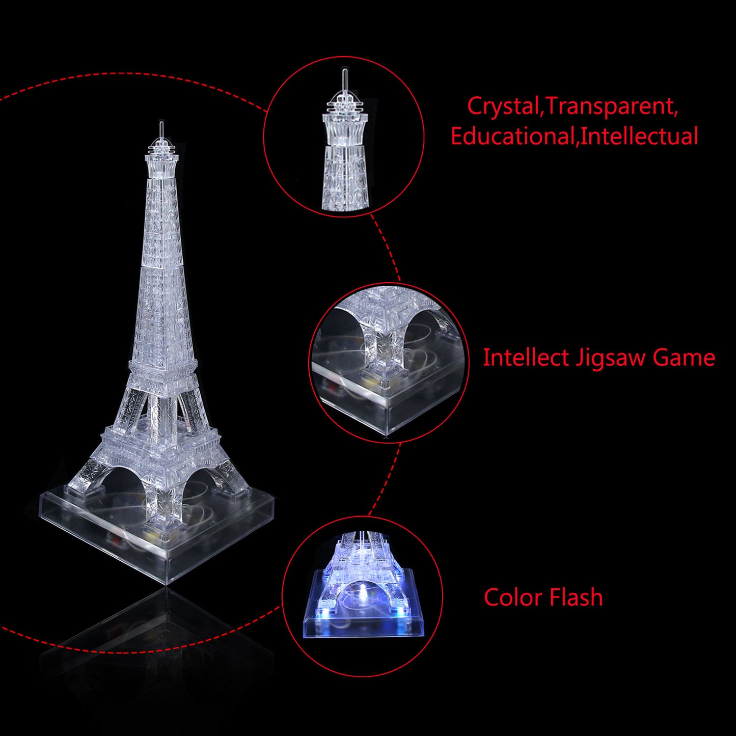 Jenilily 3D Transparent Eiffel Tower Crystal Jigsaw Puzzle Toy Gift for Kids Adults Gadget Building Blocks Brain Teaser Light-Up Base Included