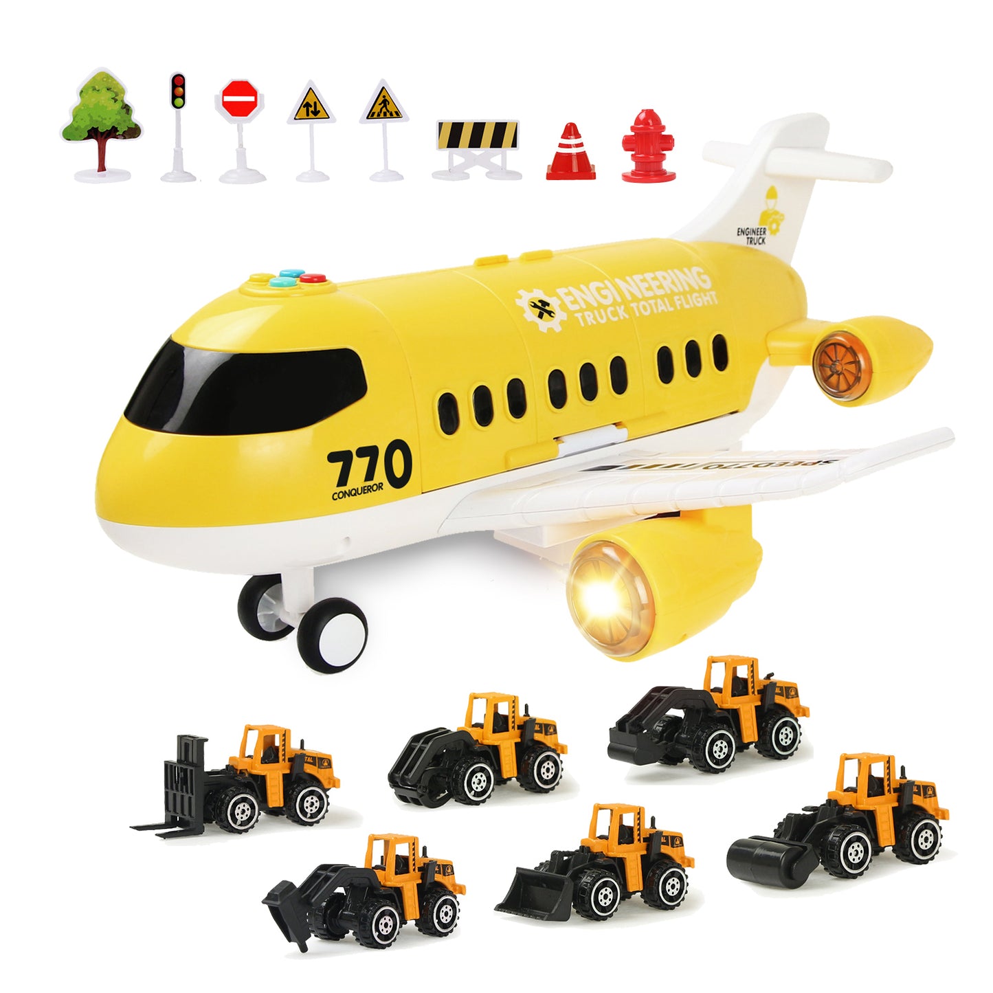 Jenilily Construction Toy Cars, Excavator Crane Mini Electronic Cargo Airplane Play Vehicles, Light & Sound Trucks for 3 4 5 Years Old Boys Kids