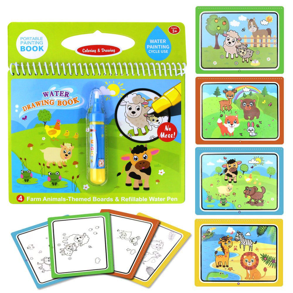 Jenilily Water Coloring Books with Pen Painting Board for Children Drawing Toy (Dinosaur & Cartoon Animal & Vehicle)