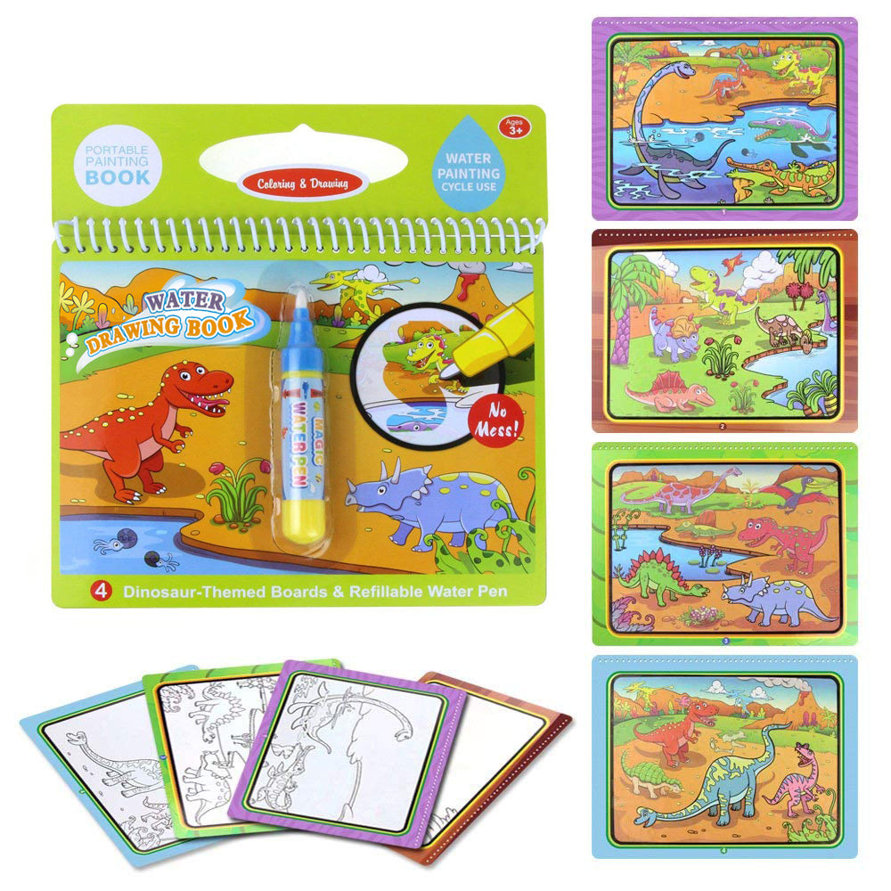 Jenilily Water Coloring Books with Pen Painting Board for Children Drawing Toy (Dinosaur & Cartoon Animal & Vehicle)