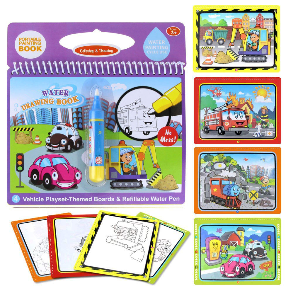 Jenilily Water Coloring Books with Pen Painting Board for Children Drawing Toy (Dinosaur & Cartoon Animal & Vehicle)