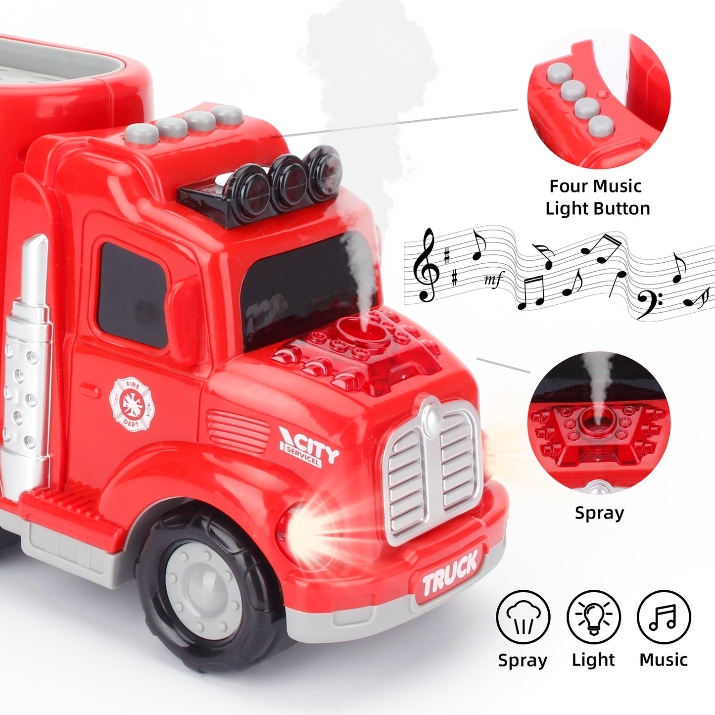 Jenilily Fire Carrier Transport Light and Sound Truck Toddler Vehicles, Mist Spray Shape Sorting Car Toys 3 4 5 6 7 Year Old Boys Kids