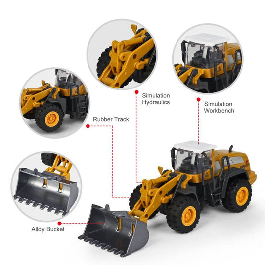 Jenilily 1:55 Scale Model Bulldozer Toy Car for Boys, Construction Vehicle Front Loader Interchangeable Forklift Snow Plow Road Roller Playsets for Kids 3 4 5 6 Years Old