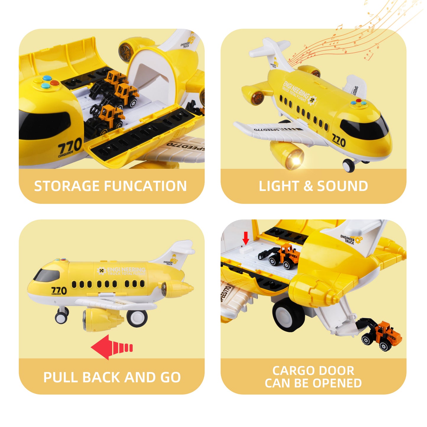 Jenilily Construction Toy Cars, Excavator Crane Mini Electronic Cargo Airplane Play Vehicles, Light & Sound Trucks for 3 4 5 Years Old Boys Kids