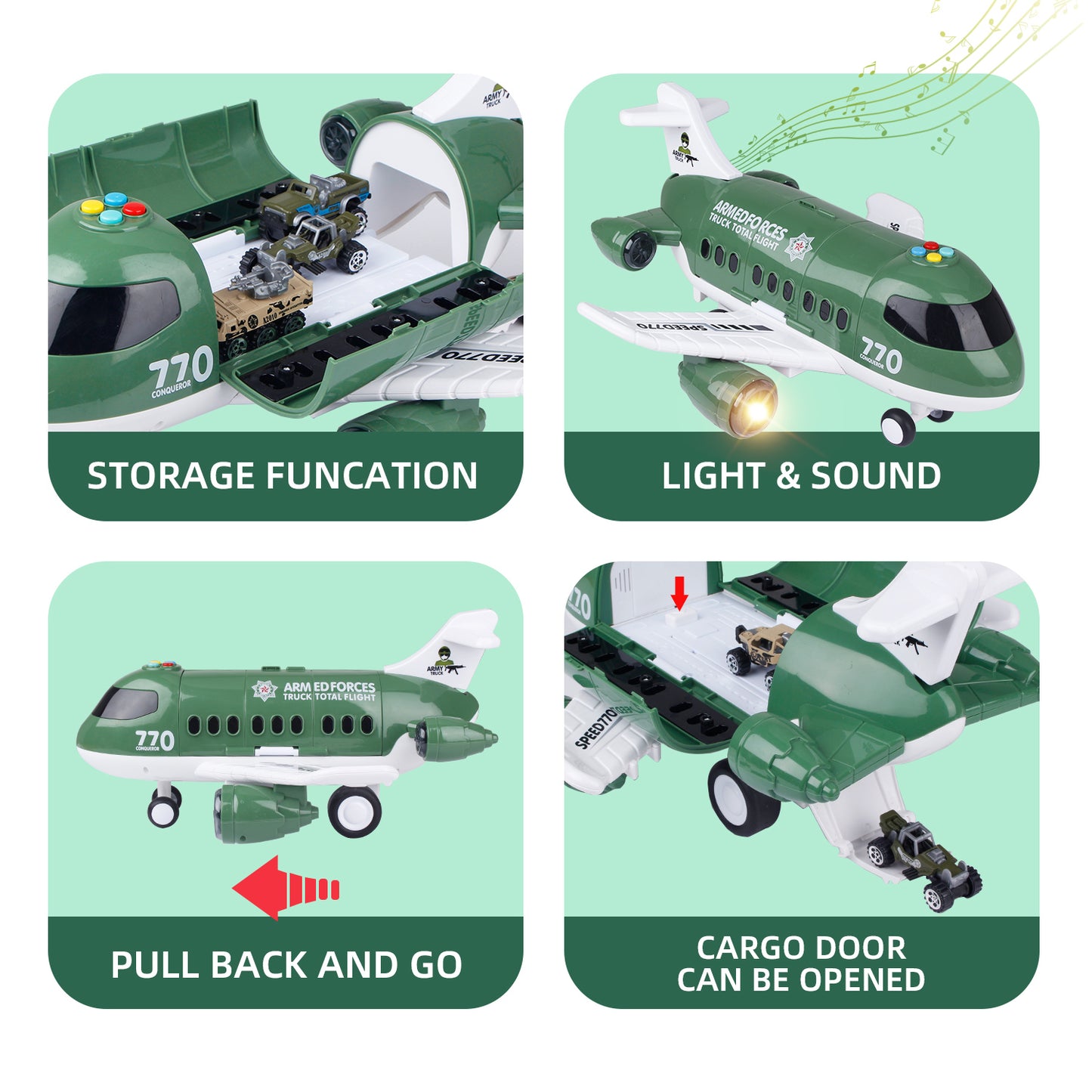 Jenilily Light & Sound Toys Set, Military Cargo Airplane with Mini Cars Truck Set, Vehicles Playset for Kids Boys 3 4 5 Years Old