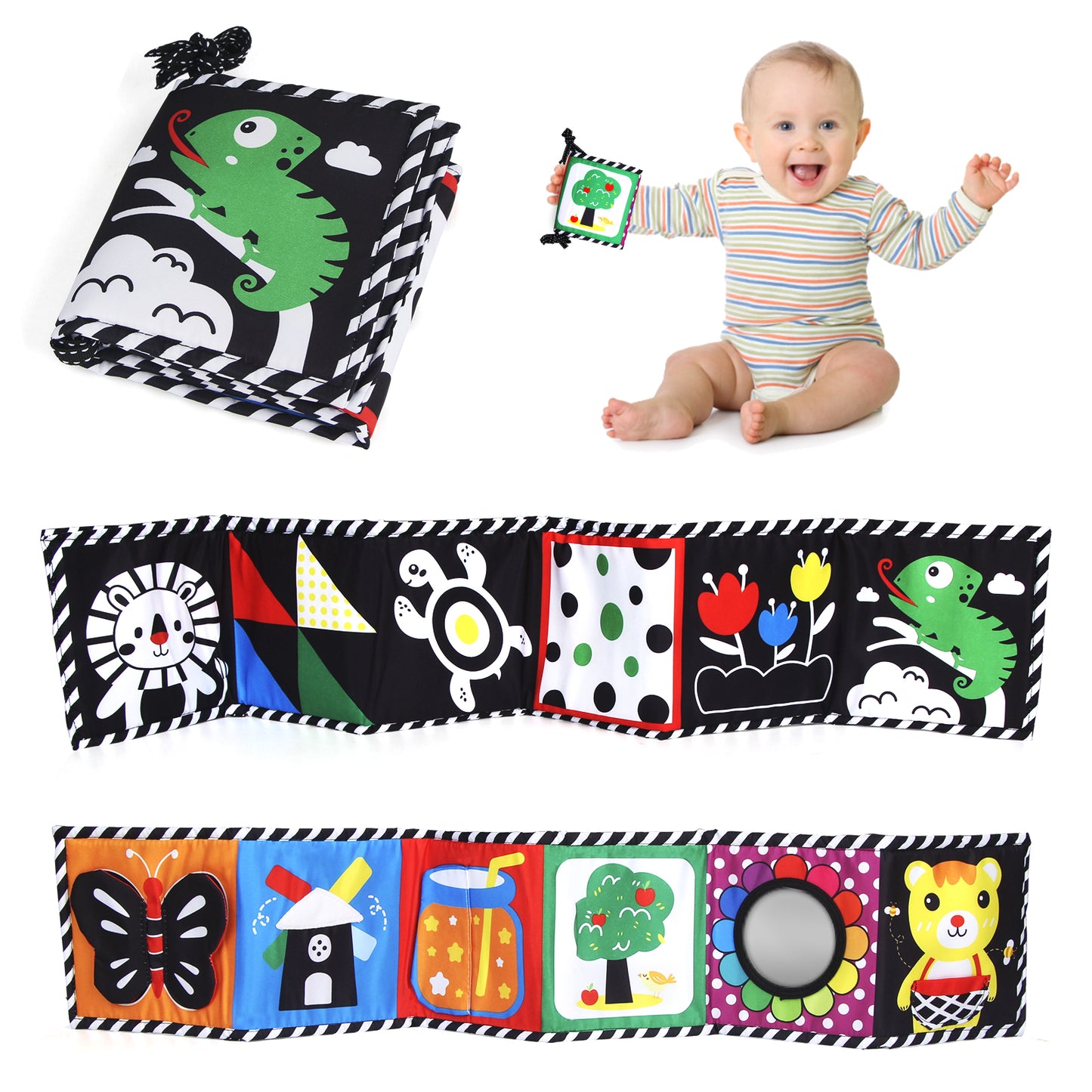 Jenilily High Contrast Soft Animal Cloth Book for Baby Infant Tummy Time Mirror Baby Black and White Book Crib Toys for 0-3-6 Months Boys Girls Newborn