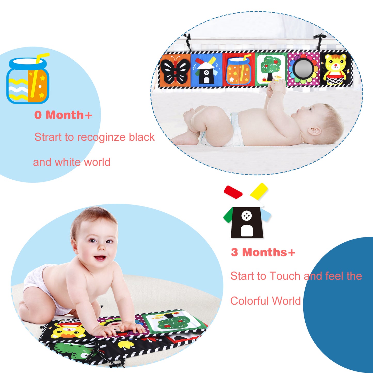 Jenilily High Contrast Soft Animal Cloth Book for Baby Infant Tummy Time Mirror Baby Black and White Book Crib Toys for 0-3-6 Months Boys Girls Newborn