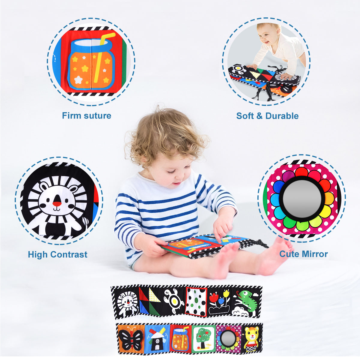 Jenilily High Contrast Soft Animal Cloth Book for Baby Infant Tummy Time Mirror Baby Black and White Book Crib Toys for 0-3-6 Months Boys Girls Newborn