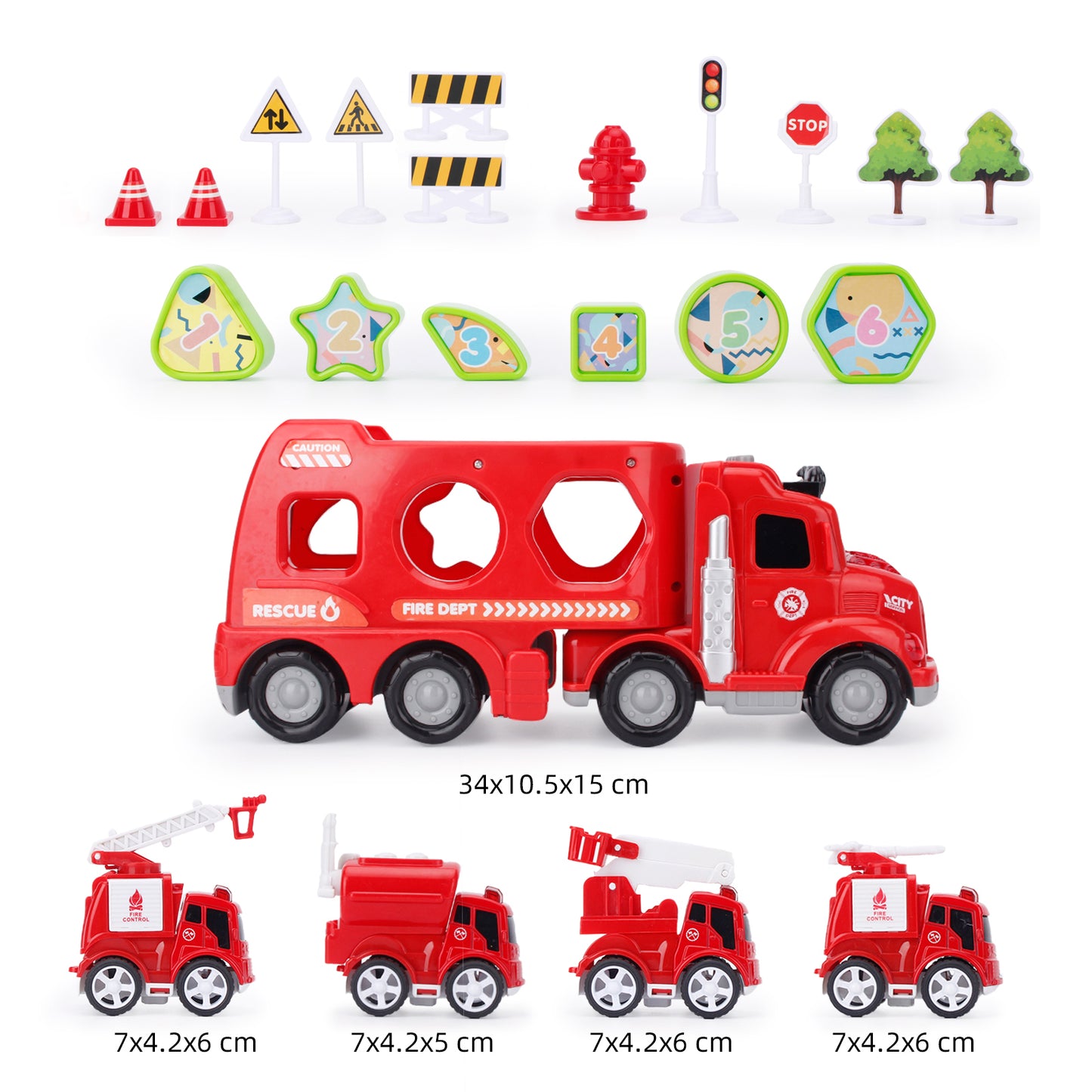 Jenilily Fire Carrier Transport Light and Sound Truck Toddler Vehicles, Mist Spray Shape Sorting Car Toys 3 4 5 6 7 Year Old Boys Kids