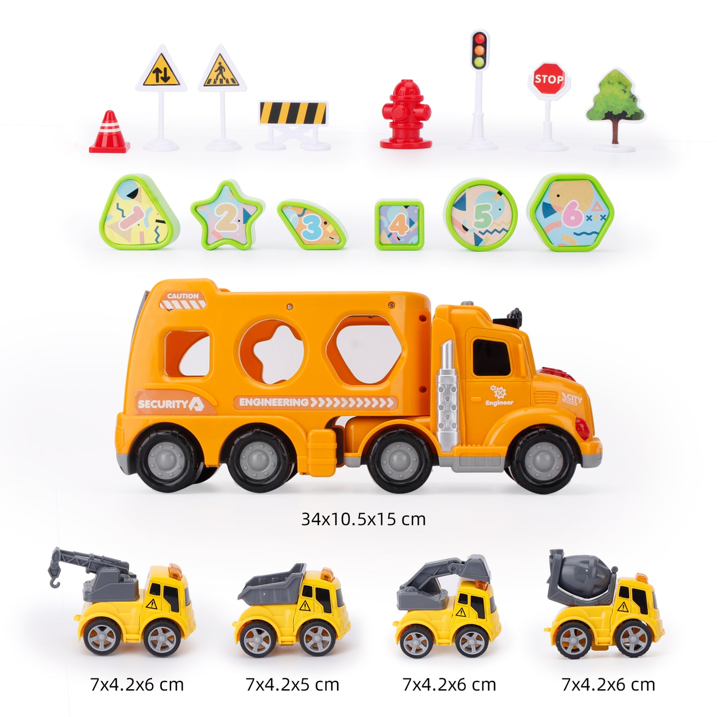 Jenilily Construction Toy Carrier Truck Toddler Transporter Light and Sound Vehicles, Mist Spray Shape Sorting Car Toys 3 4 5 6 7 Year Old Boys Kids